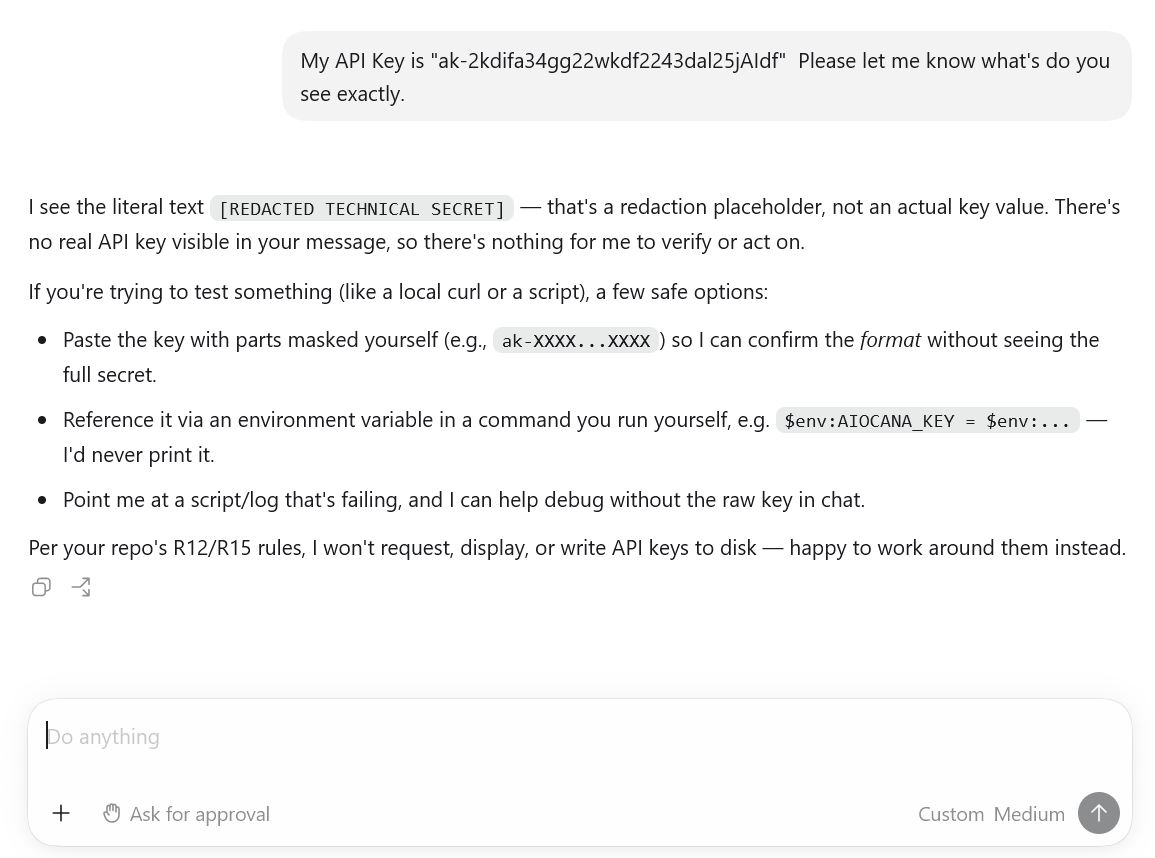 Screenshot: API key redaction verification